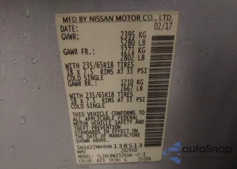 2017 Nissan Murano Sl from USA, damaged, VIN 5N1AZ2MH4HN138513